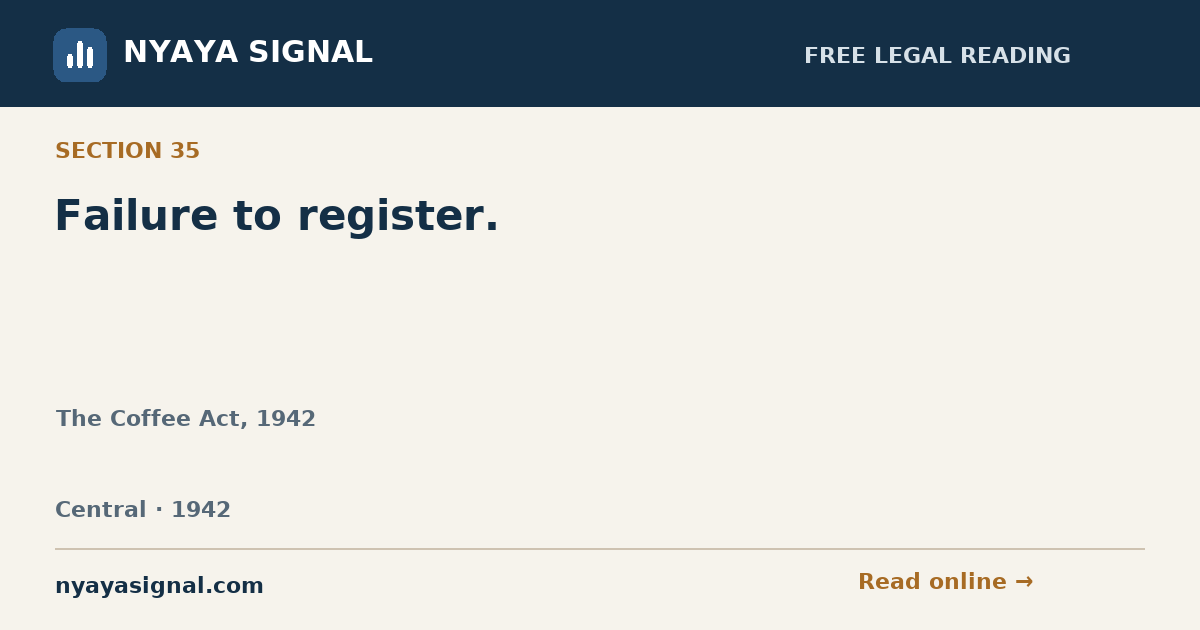 Section 35 — Failure to register. | The Coffee Act, 1942 | NYAYA SIGNAL