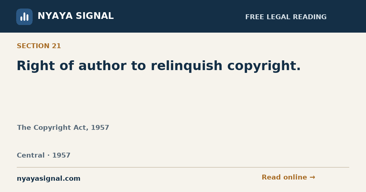 Section 21 — Right of author to relinquish copyright. | The Copyright Act, 1957 | NYAYA SIGNAL