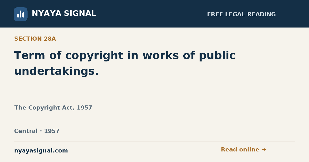 Section 28A — Term of copyright in works of public undertakings. | The Copyright Act, 1957 | NYAYA SIGNAL
