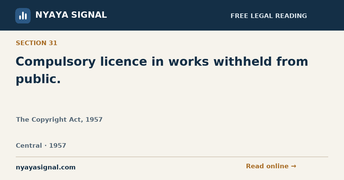 Section 31 — Compulsory licence in works withheld from public. | The Copyright Act, 1957 | NYAYA SIGNAL