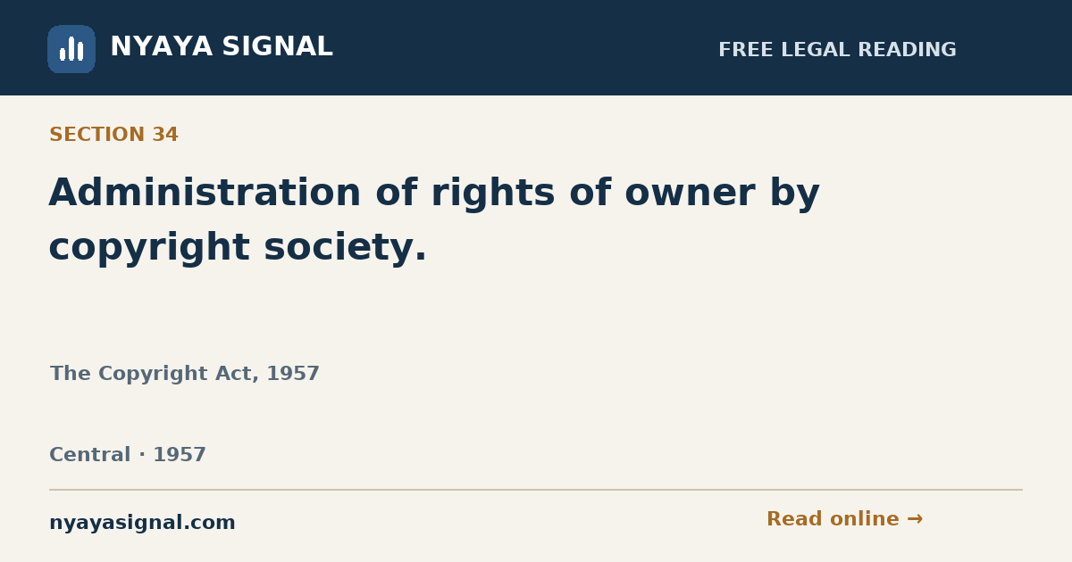 Section 34 — Administration of rights of owner by copyright society. | The Copyright Act, 1957 | NYAYA SIGNAL