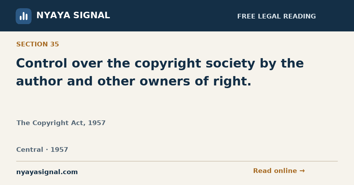 Section 35 — Control over the copyright society by the author and other owners of right. | The Copyright Act, 1957 | NYAYA SIGNAL