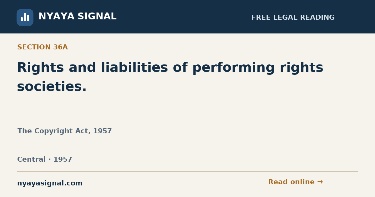 Section 36A — Rights and liabilities of performing rights societies. | The Copyright Act, 1957 | NYAYA SIGNAL