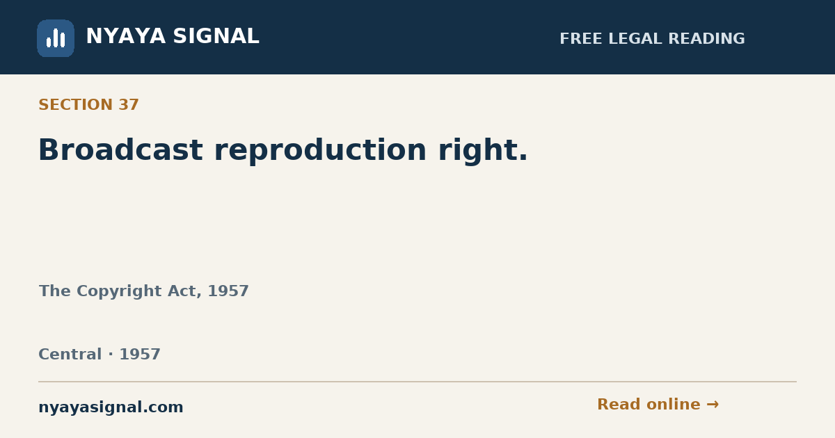 Section 37 — Broadcast reproduction right. | The Copyright Act, 1957 | NYAYA SIGNAL