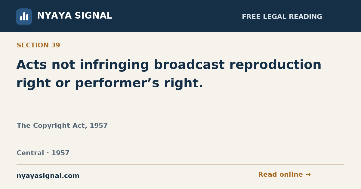 Section 39 — Acts not infringing broadcast reproduction right or performer’s right. | The Copyright Act, 1957 | NYAYA SIGNAL