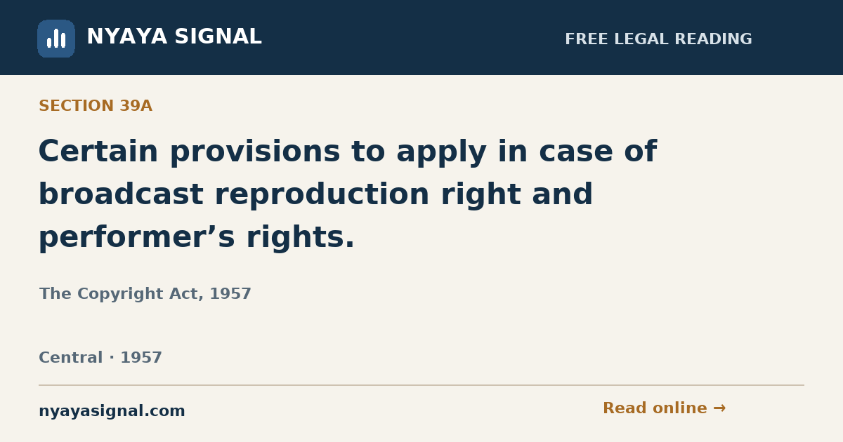 Section 39A — Certain provisions to apply in case of broadcast reproduction right and performer’s rights. | The Copyright Act, 1957 | NYAYA SIGNAL