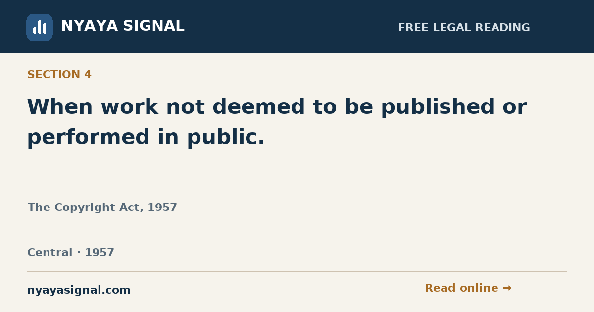 Section 4 — When work not deemed to be published or performed in public. | The Copyright Act, 1957 | NYAYA SIGNAL