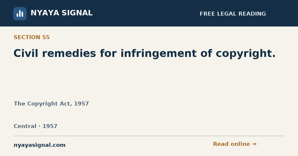 Section 55 — Civil remedies for infringement of copyright. | The Copyright Act, 1957 | NYAYA SIGNAL