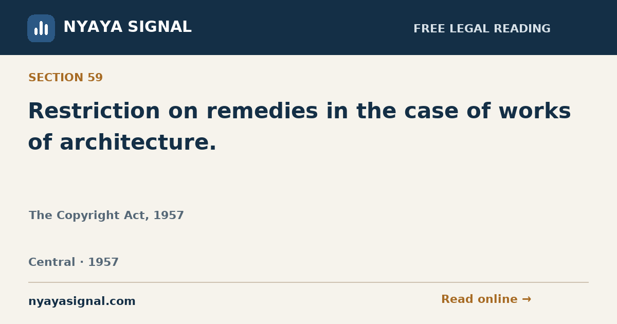 Section 59 — Restriction on remedies in the case of works of architecture. | The Copyright Act, 1957 | NYAYA SIGNAL