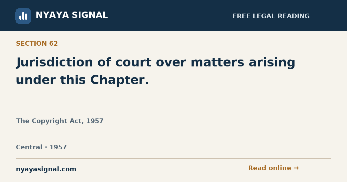 Section 62 — Jurisdiction of court over matters arising under this Chapter. | The Copyright Act, 1957 | NYAYA SIGNAL