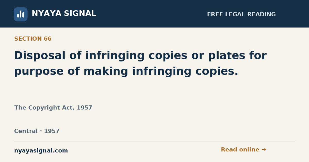 Section 66 — Disposal of infringing copies or plates for purpose of making infringing copies. | The Copyright Act, 1957 | NYAYA SIGNAL