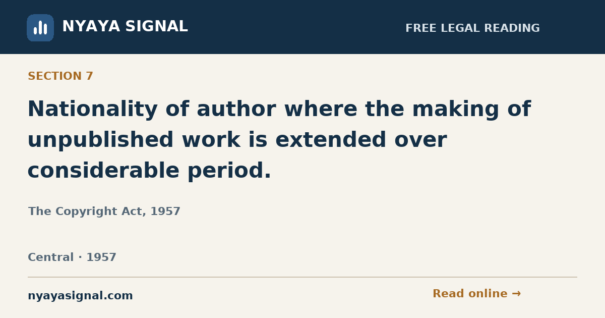 Section 7 — Nationality of author where the making of unpublished work is extended over considerable period. | The Copyright Act, 1957 | NYAYA SIGNAL