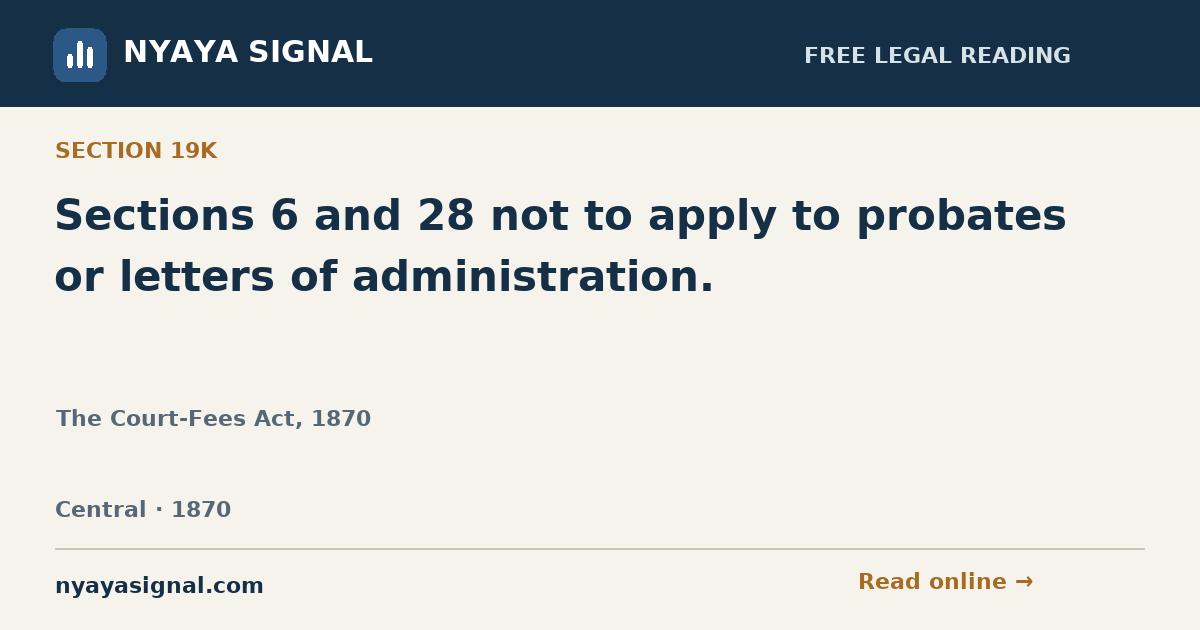 Section 19K — Sections 6 and 28 not to apply to probates or letters of administration. | The Court-Fees Act, 1870 | NYAYA SIGNAL