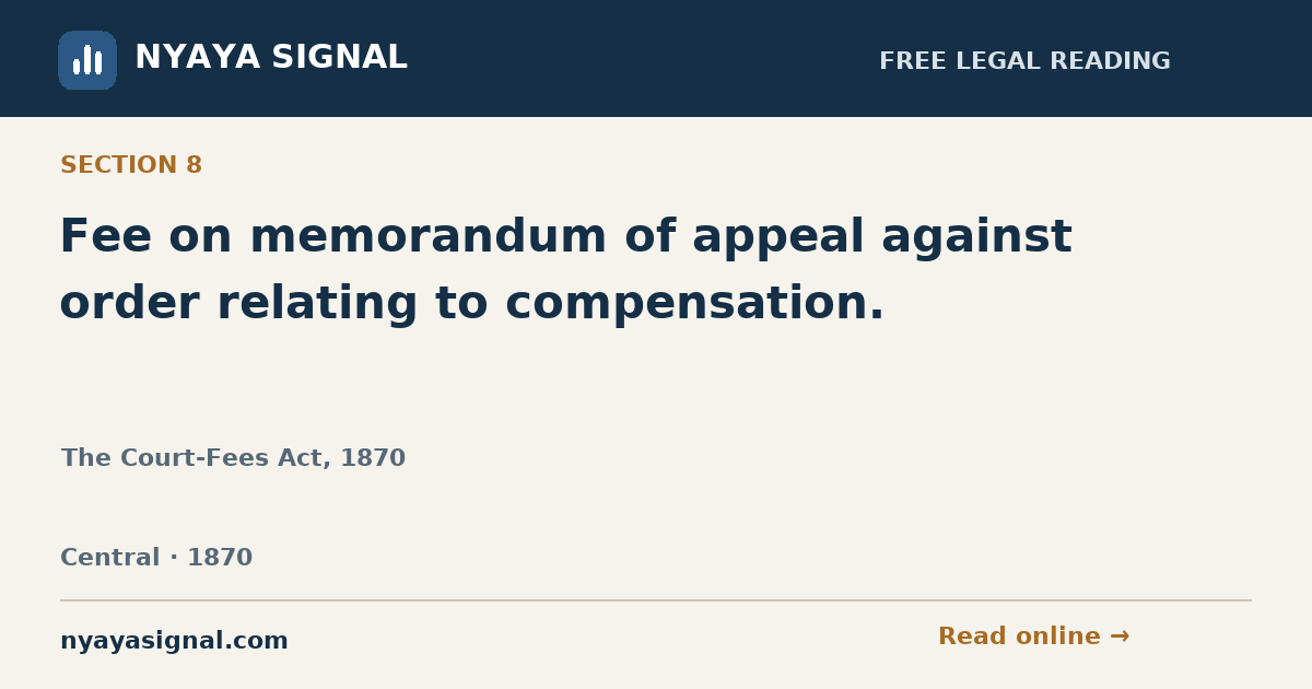 Section 8 — Fee on memorandum of appeal against order relating to compensation. | The Court-Fees Act, 1870 | NYAYA SIGNAL