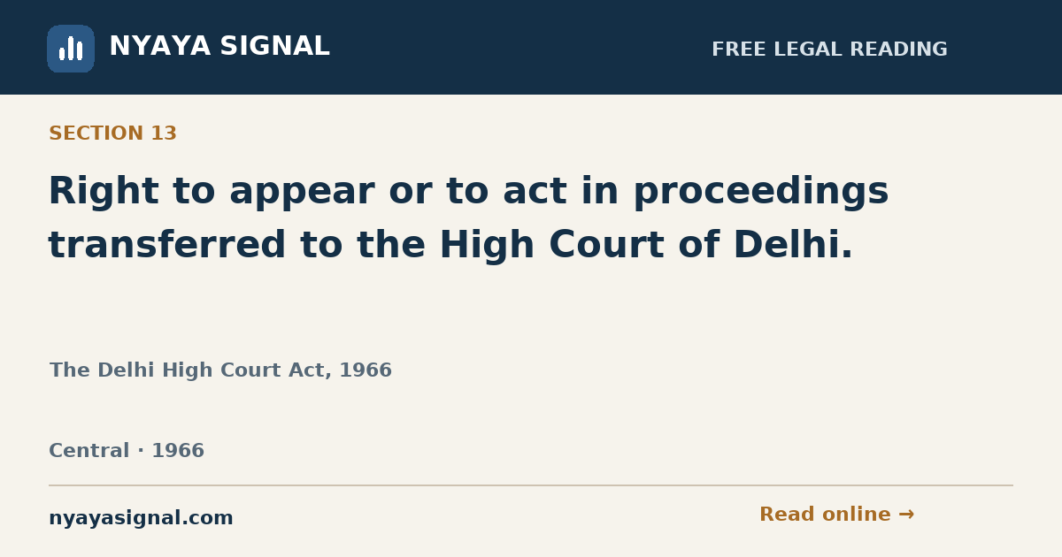 Section 13 — Right to appear or to act in proceedings transferred to the High Court of Delhi. | The Delhi High Court Act, 1966 | NYAYA SIGNAL