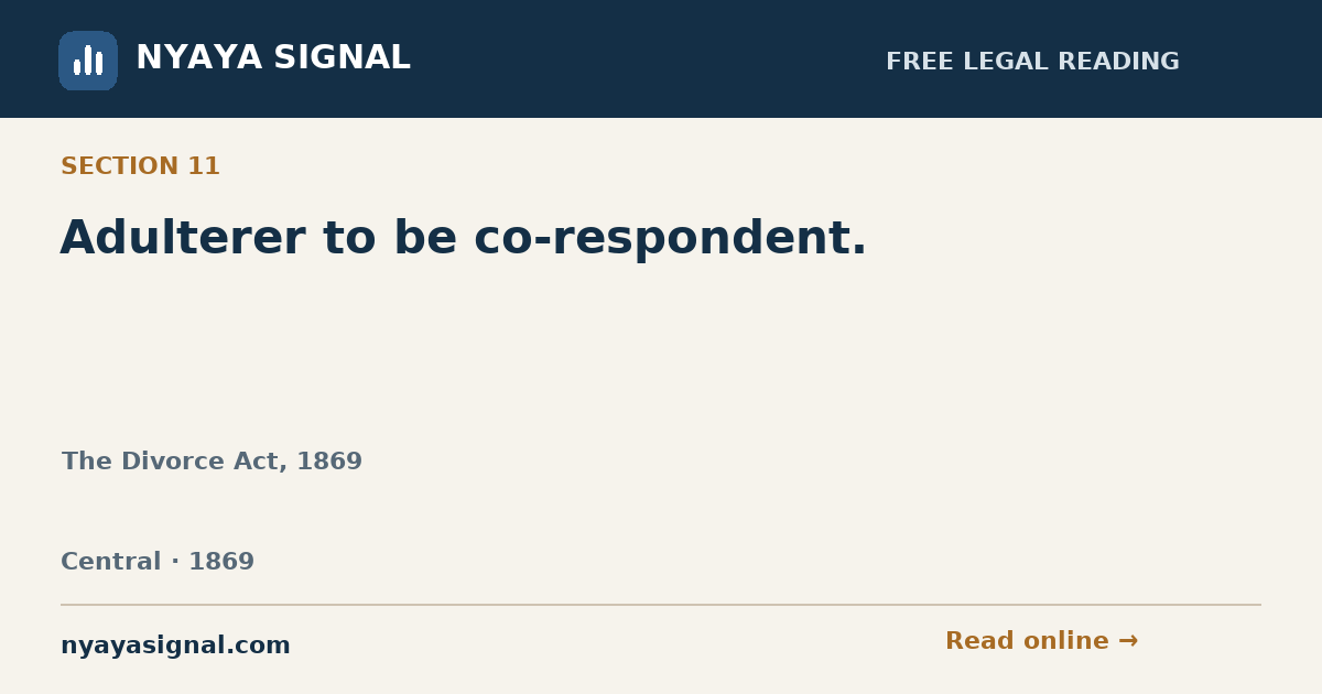 Section 11 — Adulterer to be co-respondent. | The Divorce Act, 1869 | NYAYA SIGNAL