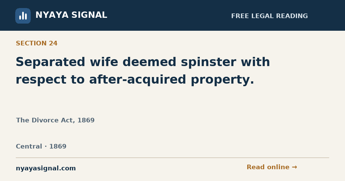 Section 24 — Separated wife deemed spinster with respect to after-acquired property. | The Divorce Act, 1869 | NYAYA SIGNAL
