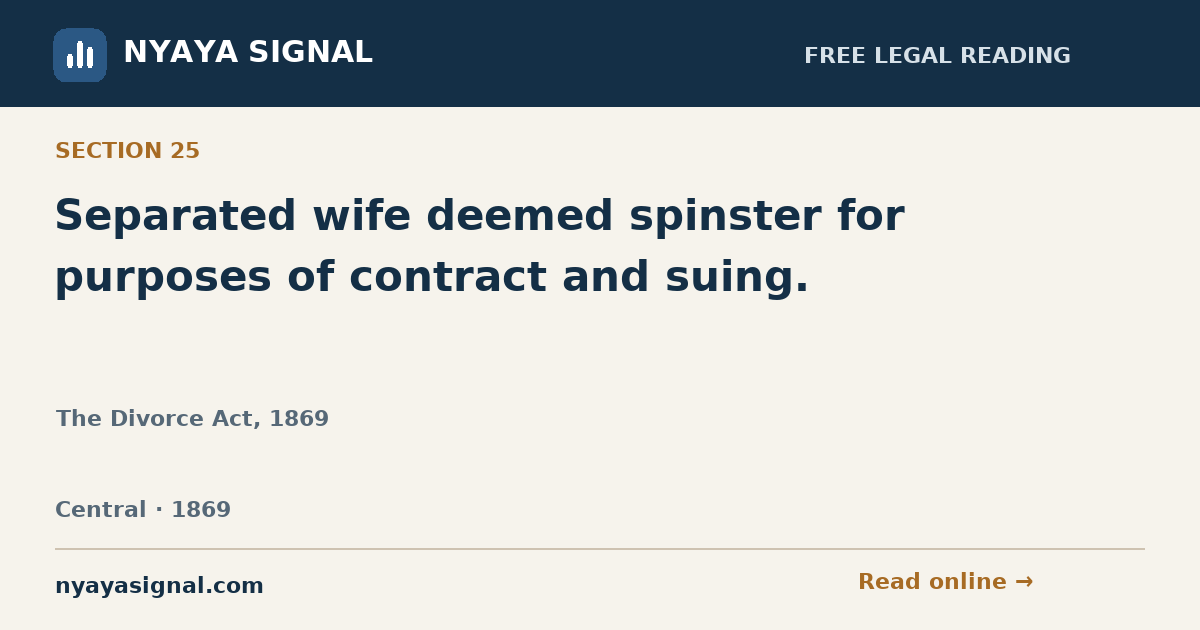 Section 25 — Separated wife deemed spinster for purposes of contract and suing. | The Divorce Act, 1869 | NYAYA SIGNAL