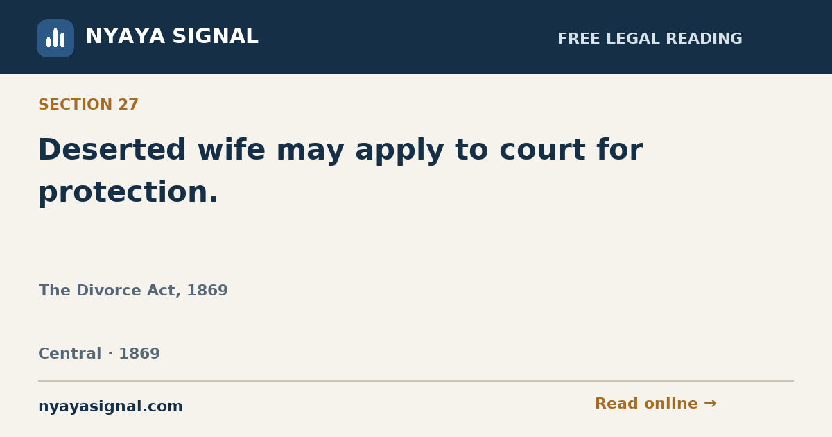 Section 27 — Deserted wife may apply to court for protection. | The Divorce Act, 1869 | NYAYA SIGNAL