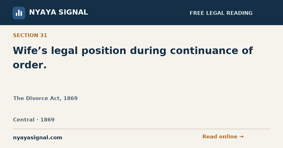 Section 31 — Wife’s legal position during continuance of order. | The Divorce Act, 1869 | NYAYA SIGNAL