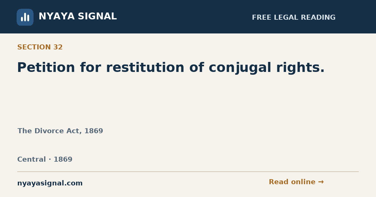 Section 32 — Petition for restitution of conjugal rights. | The Divorce Act, 1869 | NYAYA SIGNAL