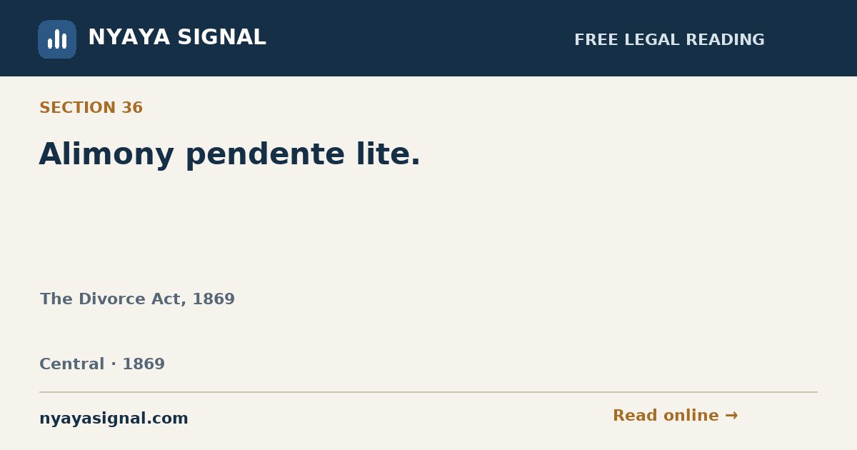 Section 36 — Alimony pendente lite. | The Divorce Act, 1869 | NYAYA SIGNAL