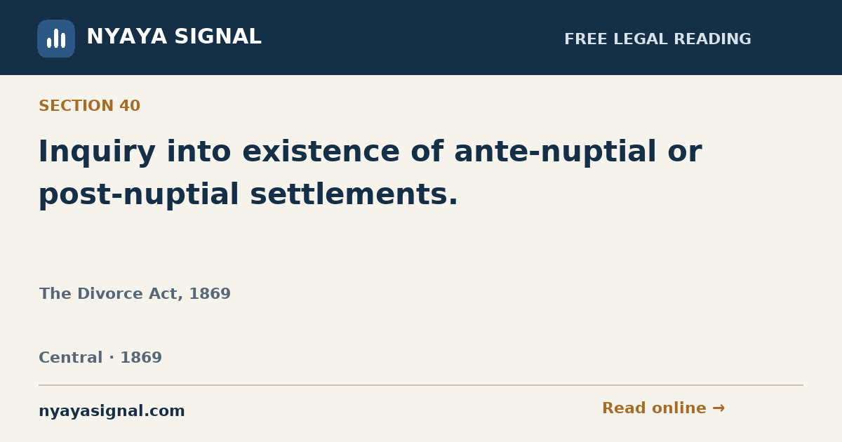 Section 40 — Inquiry into existence of ante-nuptial or post-nuptial settlements. | The Divorce Act, 1869 | NYAYA SIGNAL