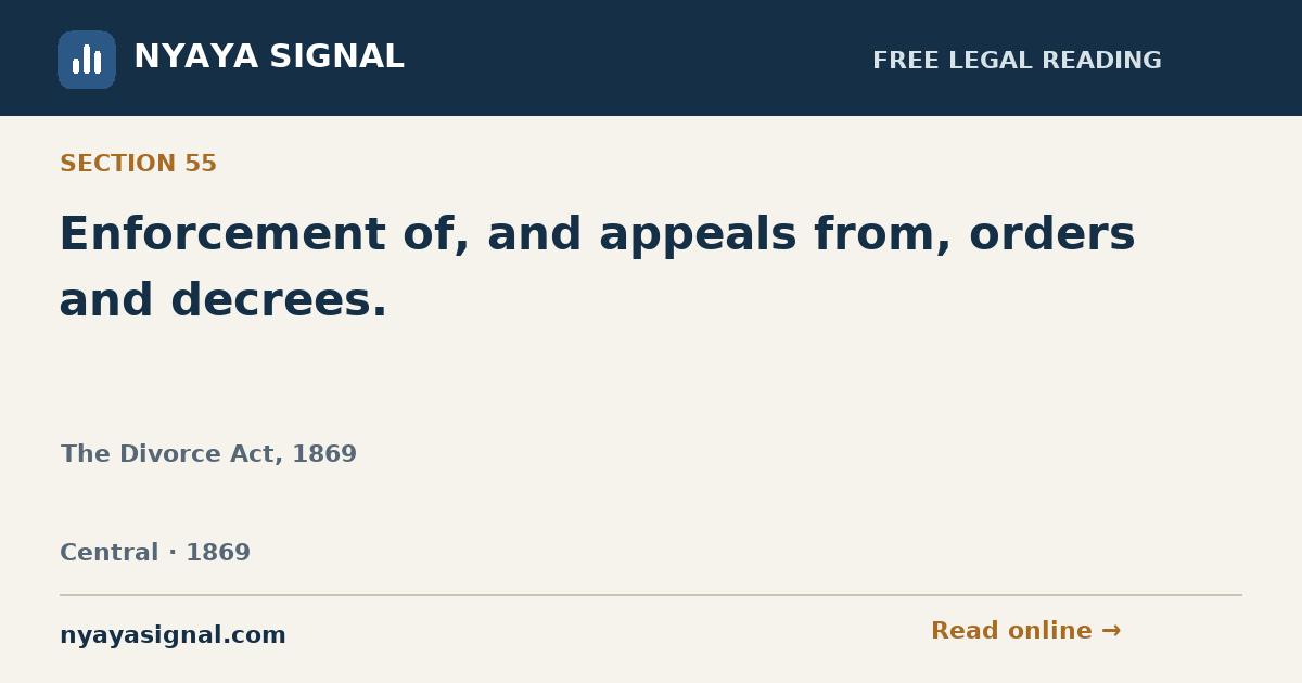 Section 55 — Enforcement of, and appeals from, orders and decrees. | The Divorce Act, 1869 | NYAYA SIGNAL