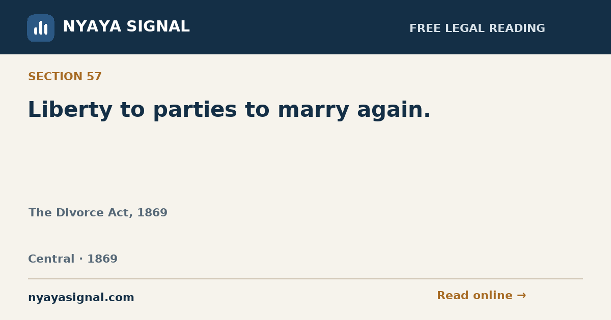 Section 57 — Liberty to parties to marry again. | The Divorce Act, 1869 | NYAYA SIGNAL