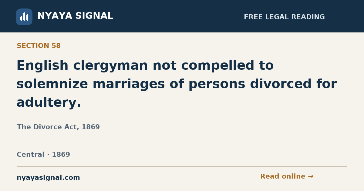 Section 58 — English clergyman not compelled to solemnize marriages of persons divorced for adultery. | The Divorce Act, 1869 | NYAYA SIGNAL