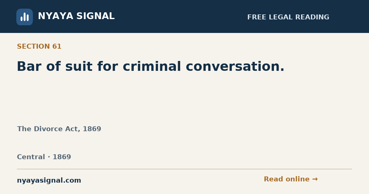 Section 61 — Bar of suit for criminal conversation. | The Divorce Act, 1869 | NYAYA SIGNAL