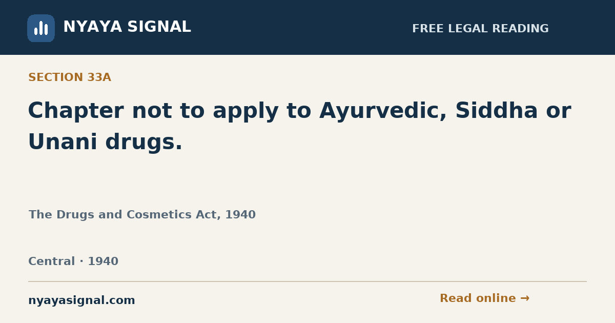 Section 33A — Chapter not to apply to Ayurvedic, Siddha or Unani drugs. | The Drugs and Cosmetics Act, 1940 | NYAYA SIGNAL