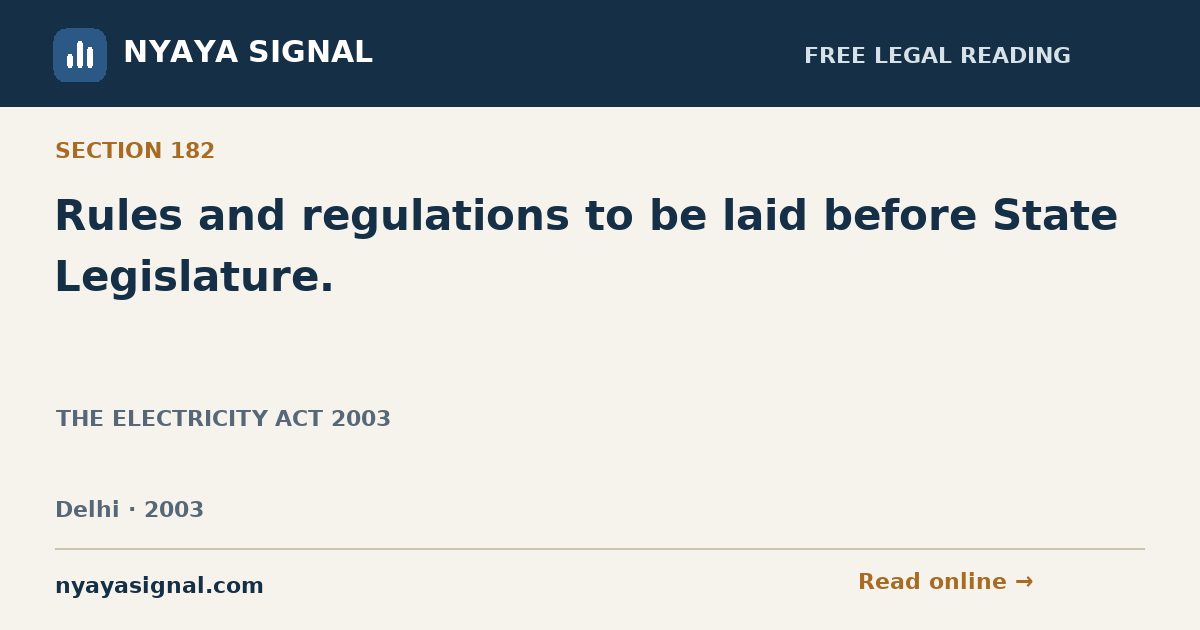 Section 182 — Rules and regulations to be laid before State Legislature. | THE ELECTRICITY ACT 2003 | NYAYA SIGNAL