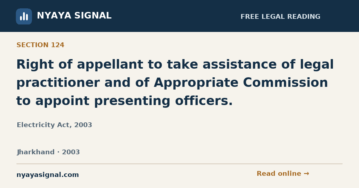 Section 124 — Right of appellant to take assistance of legal practitioner and of Appropriate Commission to appoint presenting officers. | Electricity Act, 2003 | NYAYA SIGNAL