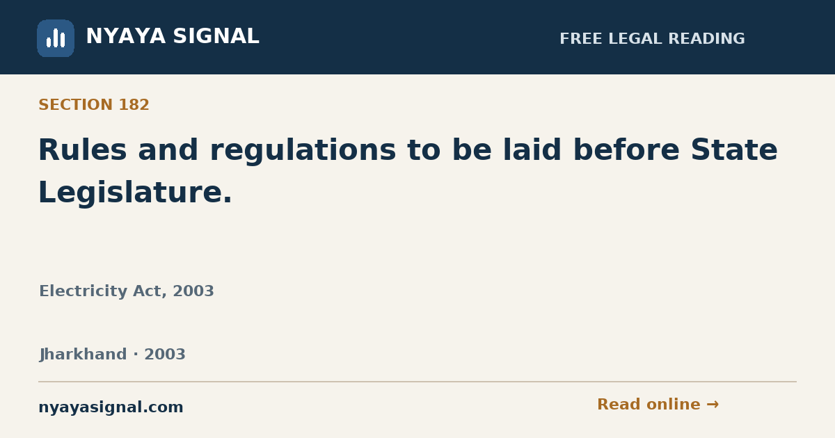 Section 182 — Rules and regulations to be laid before State Legislature. | Electricity Act, 2003 | NYAYA SIGNAL
