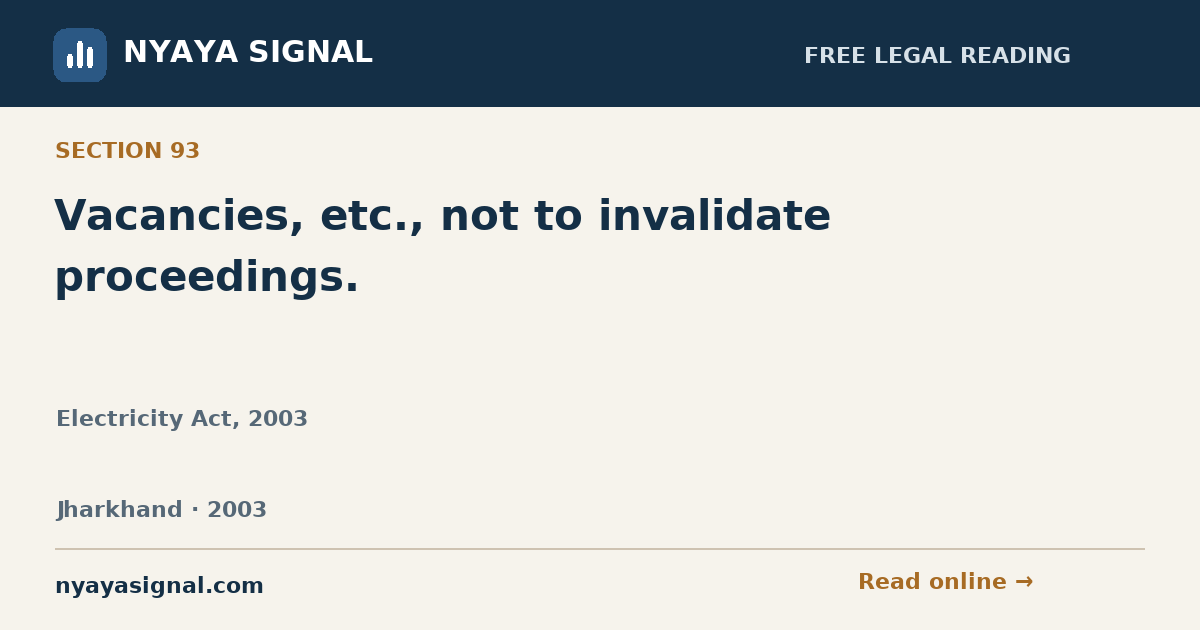 Section 93 — Vacancies, etc., not to invalidate proceedings. | Electricity Act, 2003 | NYAYA SIGNAL