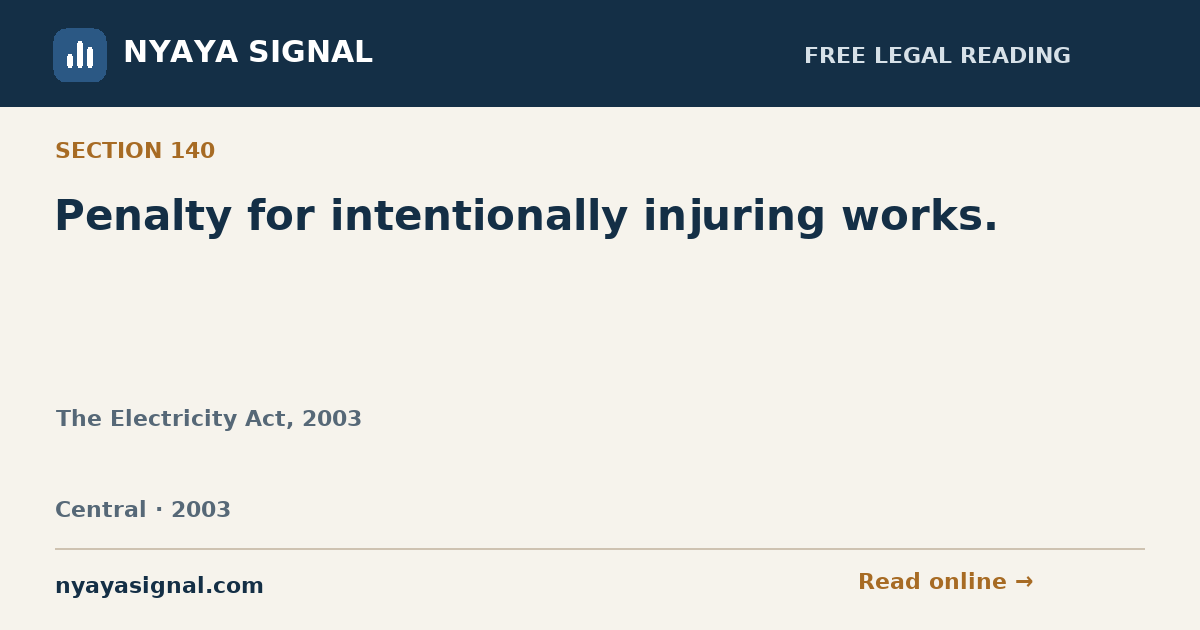 Section 140 — Penalty for intentionally injuring works. | The Electricity Act, 2003 | NYAYA SIGNAL