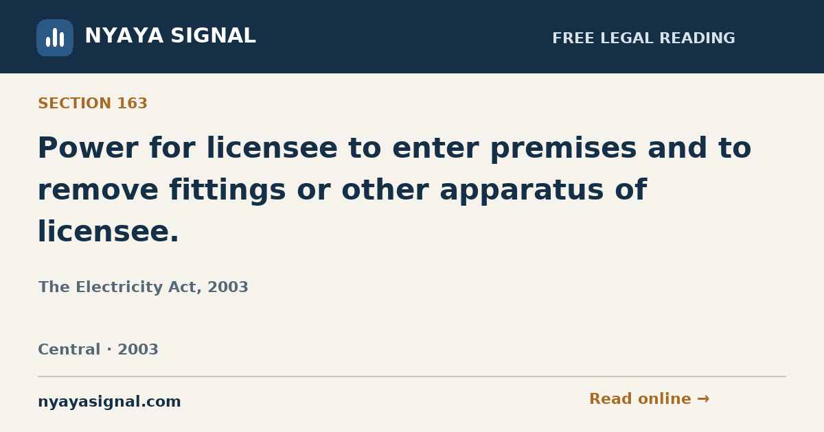 Section 163 — Power for licensee to enter premises and to remove fittings or other apparatus of licensee. | The Electricity Act, 2003 | NYAYA SIGNAL