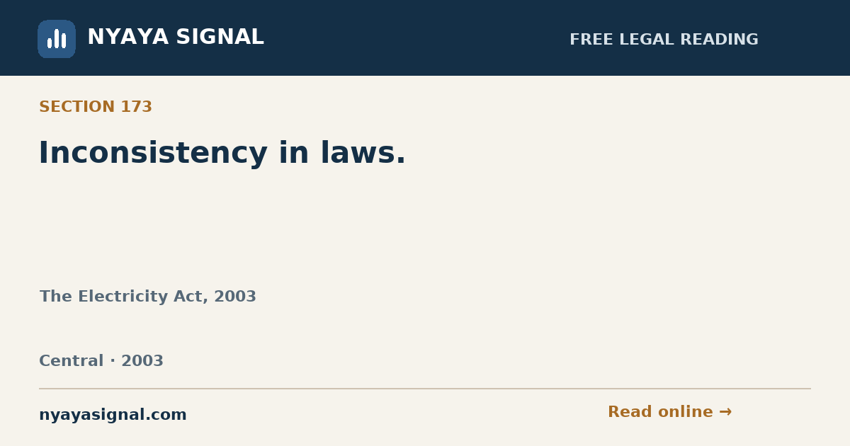 Section 173 — Inconsistency in laws. | The Electricity Act, 2003 | NYAYA SIGNAL
