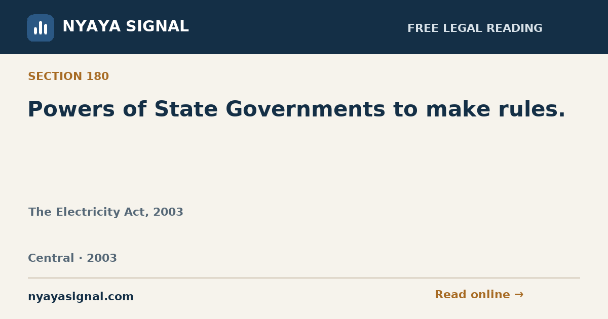 Section 180 — Powers of State Governments to make rules. | The Electricity Act, 2003 | NYAYA SIGNAL