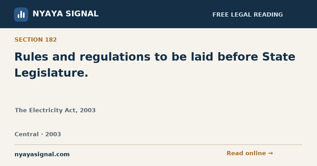 Section 182 — Rules and regulations to be laid before State Legislature. | The Electricity Act, 2003 | NYAYA SIGNAL
