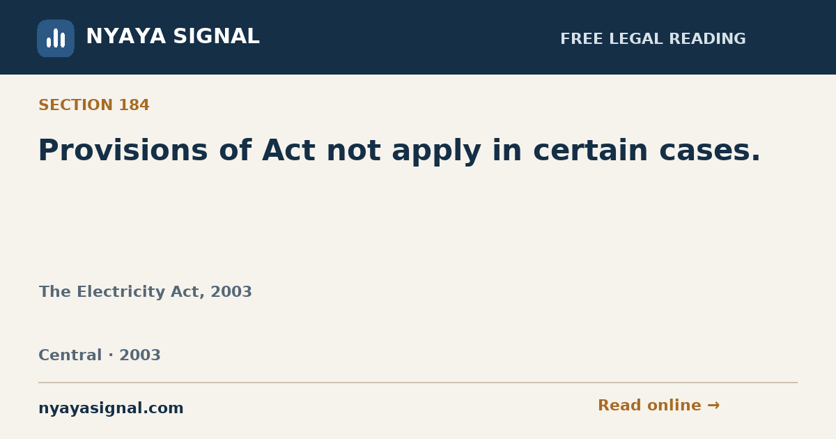 Section 184 — Provisions of Act not apply in certain cases. | The Electricity Act, 2003 | NYAYA SIGNAL