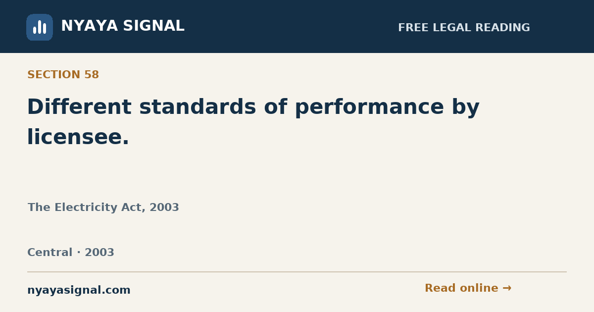 Section 58 — Different standards of performance by licensee. | The Electricity Act, 2003 | NYAYA SIGNAL