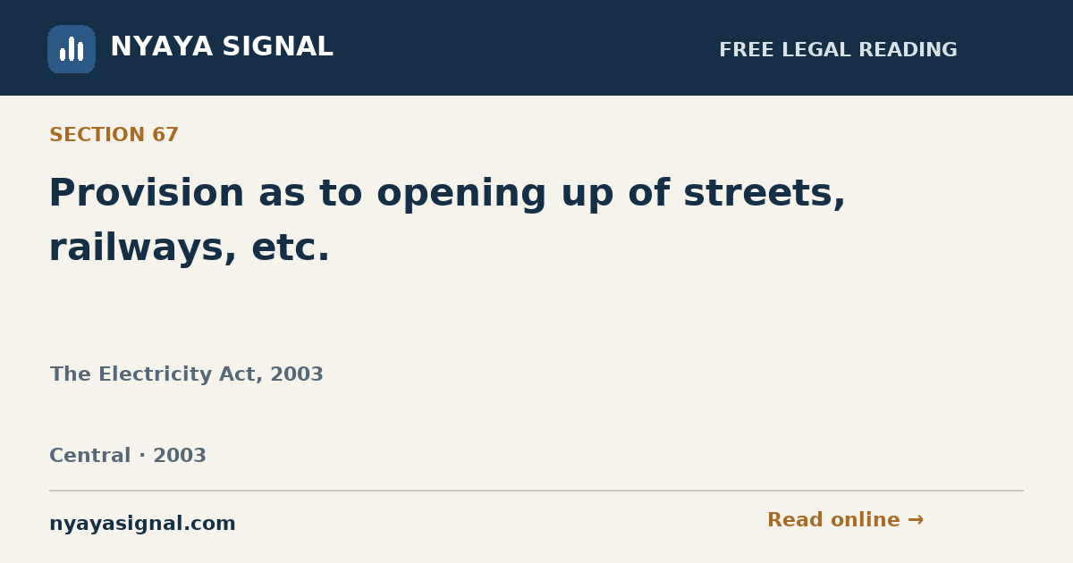 Section 67 — Provision as to opening up of streets, railways, etc. | The Electricity Act, 2003 | NYAYA SIGNAL