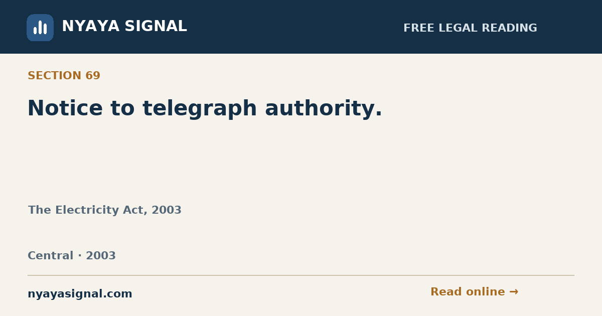 Section 69 — Notice to telegraph authority. | The Electricity Act, 2003 | NYAYA SIGNAL