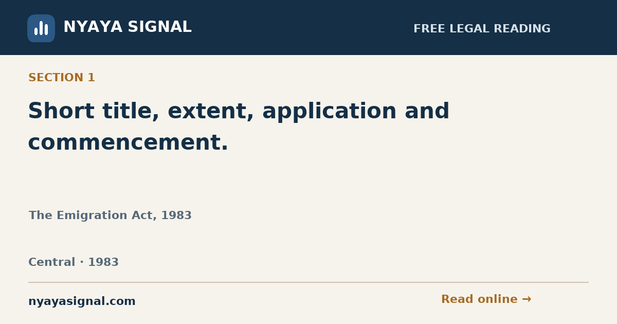 Section 1 — Short title, extent, application and commencement. | The Emigration Act, 1983 | NYAYA SIGNAL