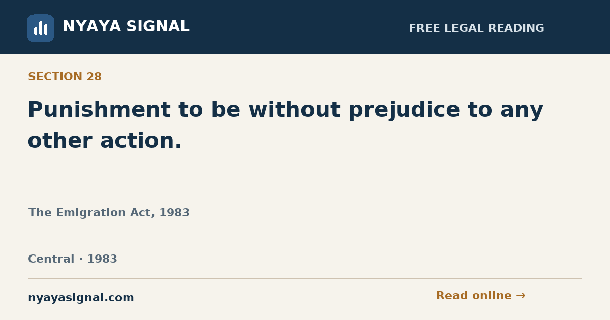 Section 28 — Punishment to be without prejudice to any other action. | The Emigration Act, 1983 | NYAYA SIGNAL