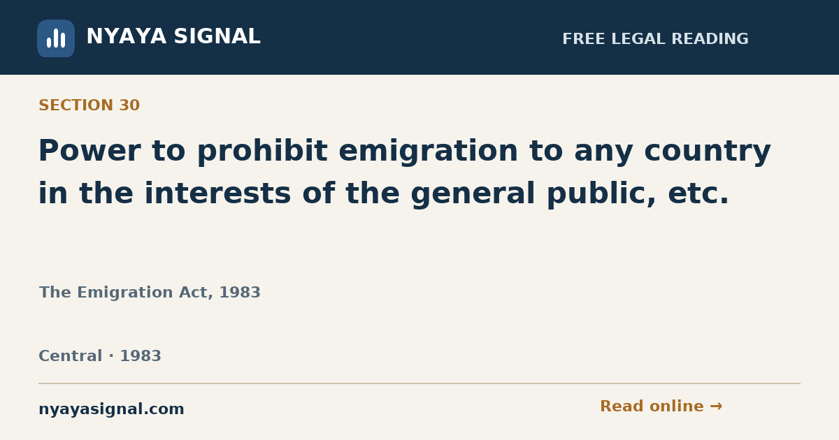 Section 30 — Power to prohibit emigration to any country in the interests of the general public, etc. | The Emigration Act, 1983 | NYAYA SIGNAL