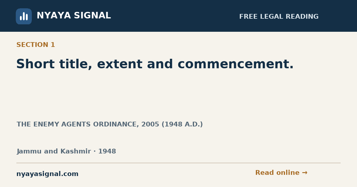 Section 1 — Short title, extent and commencement. | THE ENEMY AGENTS ORDINANCE, 2005 (1948 A.D.) | NYAYA SIGNAL