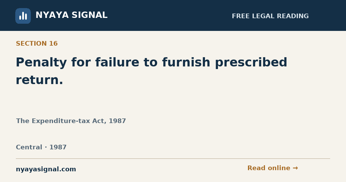 Section 16 — Penalty for failure to furnish prescribed return. | The Expenditure-tax Act, 1987 | NYAYA SIGNAL